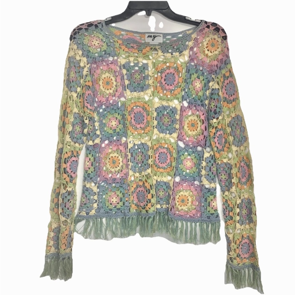 Vintage Trending Colorful Pastel Crochet Long Sleeve Festival Hippie Fringe Top